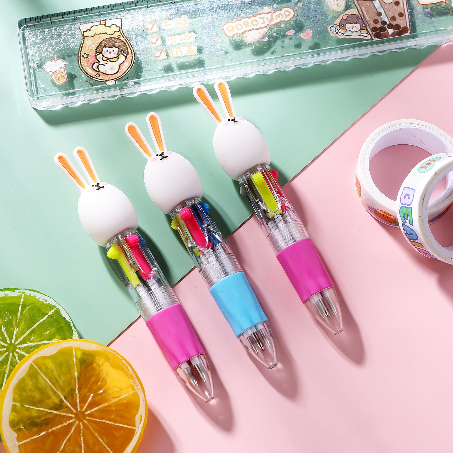 Wholesale Cartoon Cute Head Color Pushing Mini Four Color Plastic Ballpoint Pen